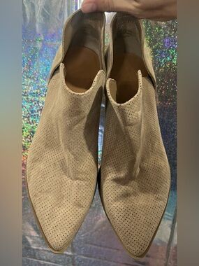 Beige Perforated Pointed Toe Booties | Size 7 | Faux Suede Western Style